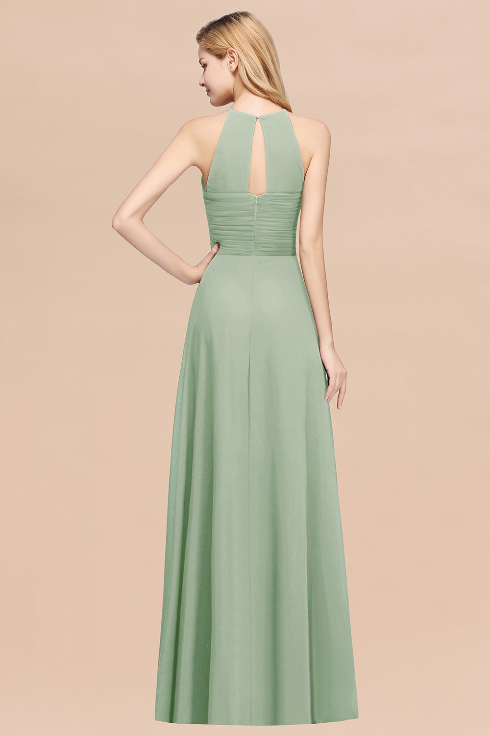 Halter Pleated Bridesmaid Dress Chiffon Sleeveless Floor Length Wedding Guest Dress-newarrivaldress