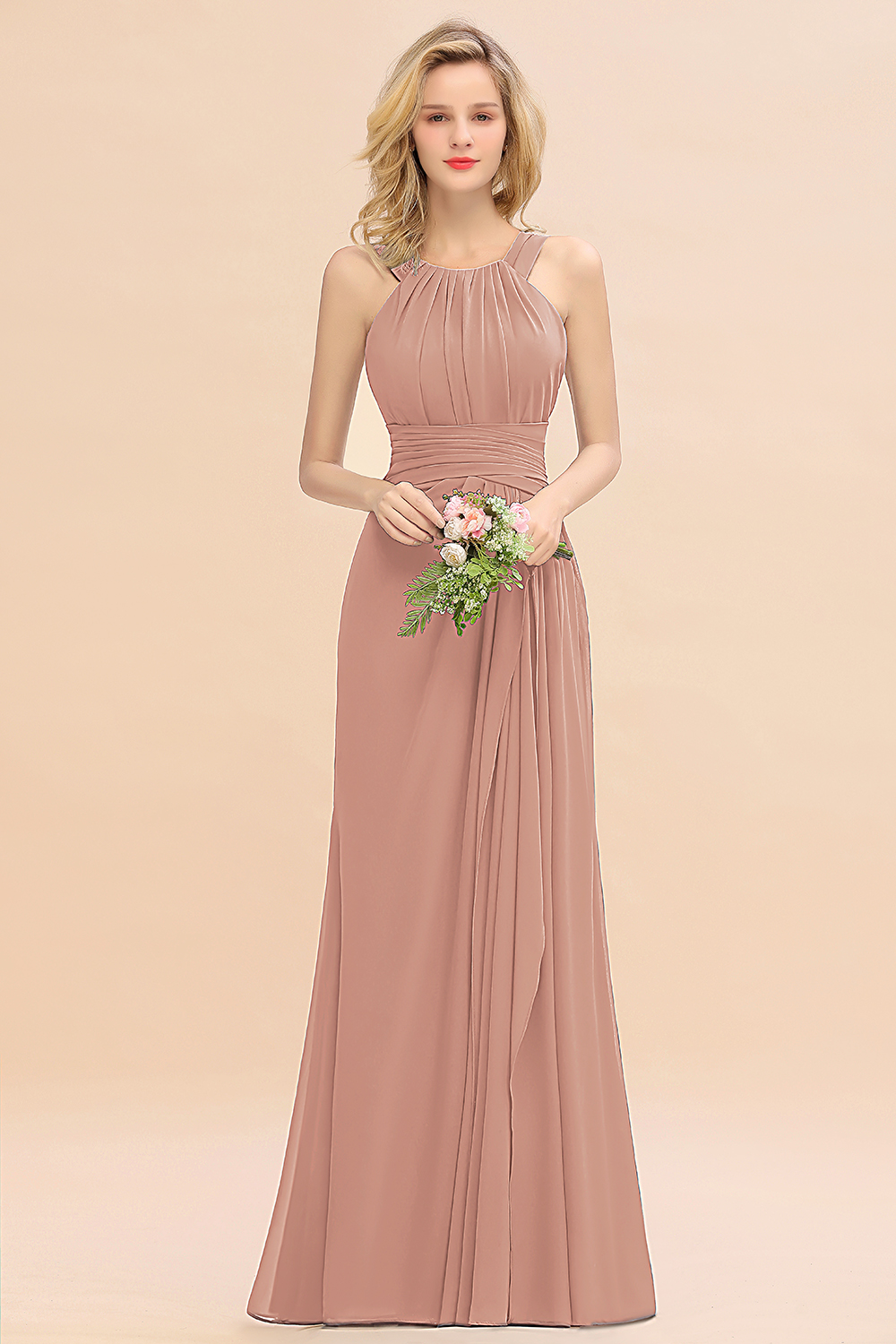Halter Ruched Chiffon Mermaid Bridesmaid Dress Long Wedding Guest Dress-newarrivaldress