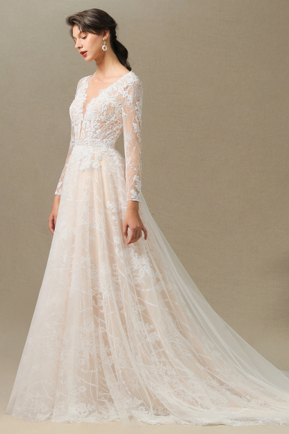 Glamorous Ivory Lace Appliques Wedding Dress Tulle Long Sleeve Bridal Gowns-newarrivaldress