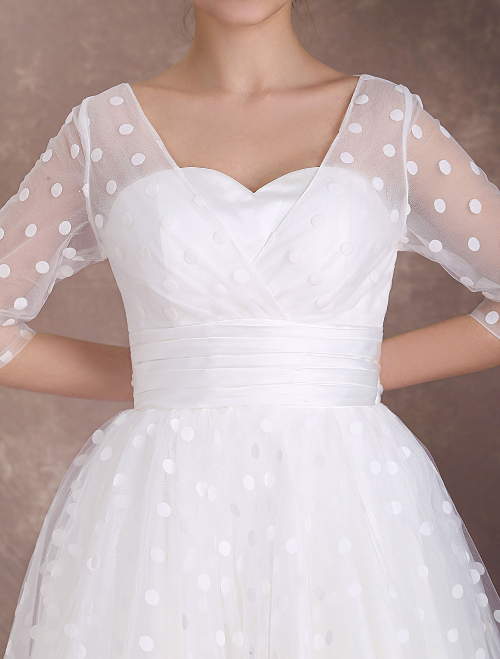 Vintage Wedding Dress Short 1950'S Bridal Dresses Ivory Long Sleeve Open Back Polka Dot Ribbon Sash Wedding Reception Dress Exclusive-newarrivaldress