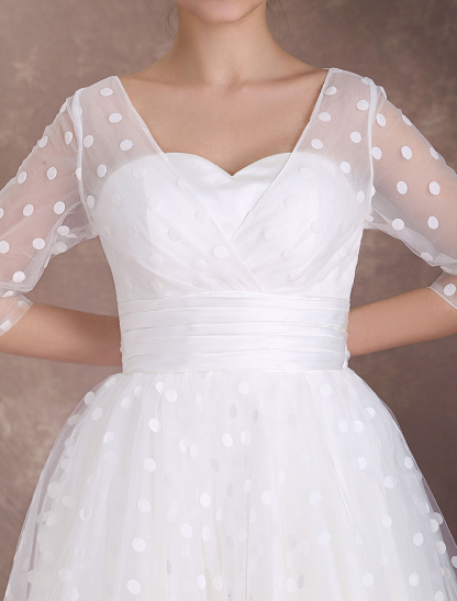 Vintage Wedding Dress Short 1950'S Bridal Dresses Ivory Long Sleeve Open Back Polka Dot Ribbon Sash Wedding Reception Dress Exclusive-newarrivaldress