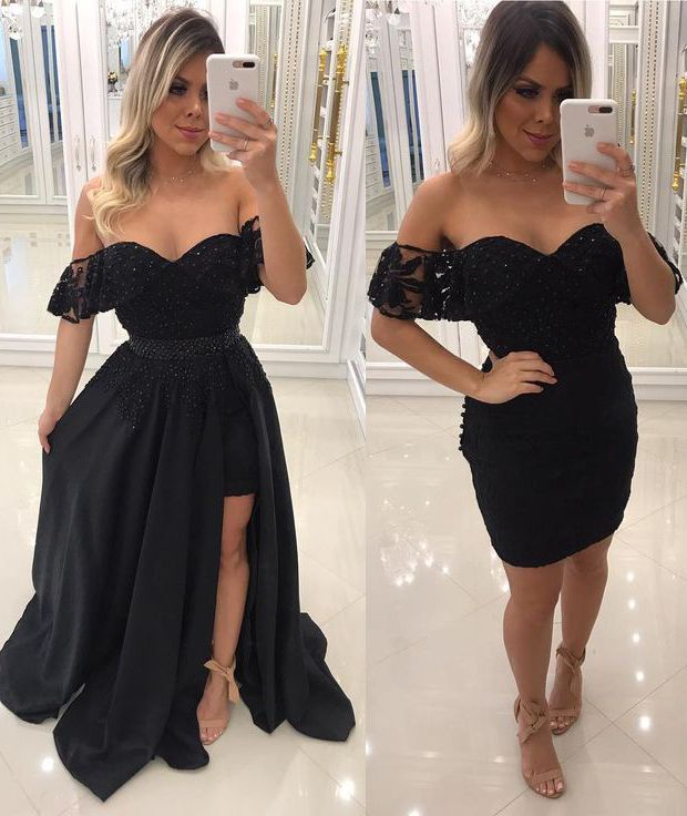 Chic Side-Slit Beaded Black Off-The-Shoulder Prom Dresses-newarrivaldress