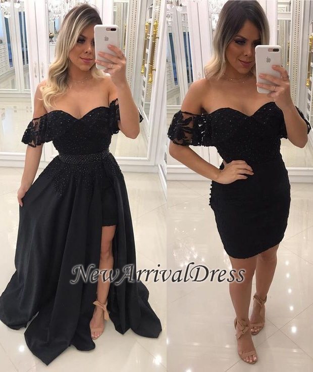 Chic Side-Slit Beaded Black Off-The-Shoulder Prom Dresses-newarrivaldress
