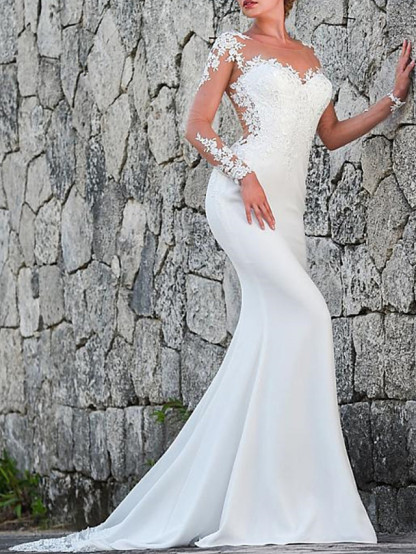 Charming White Mermaid Bridal Gown Long Sleeves Lace Appliques Wedding Dress-newarrivaldress