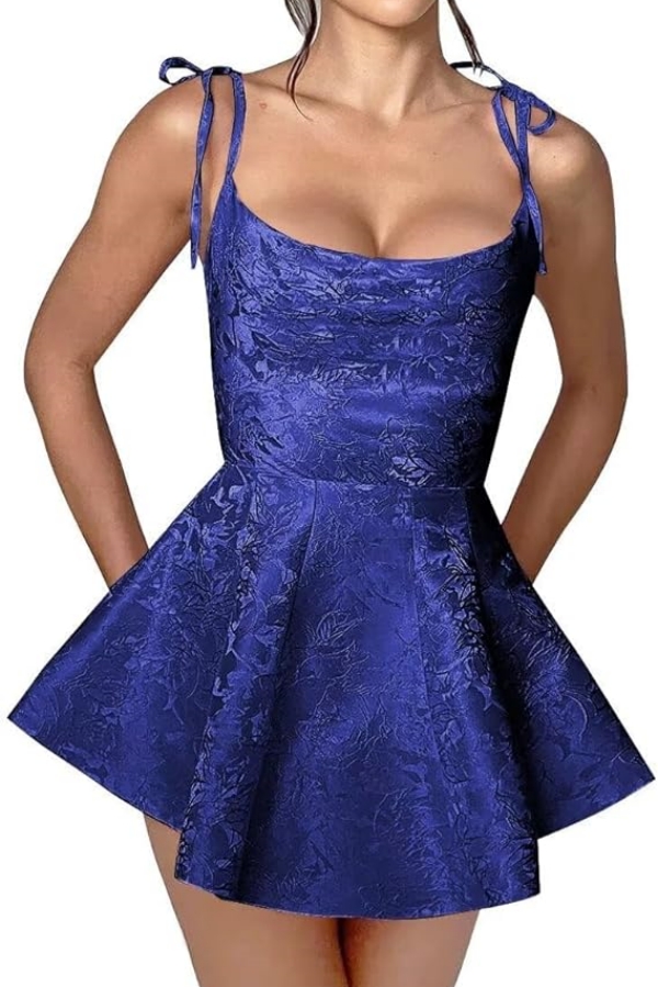 Chic Spaghetti Straps Ruffle Short Homecoming Dress Sleeveless Jacquard Satin Mini Party Dress-newarrivaldress