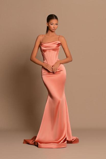 Charming Tube Ruched Satin Long Evening Dress Spaghetti Straps Mermaid Prom Dress-newarrivaldress