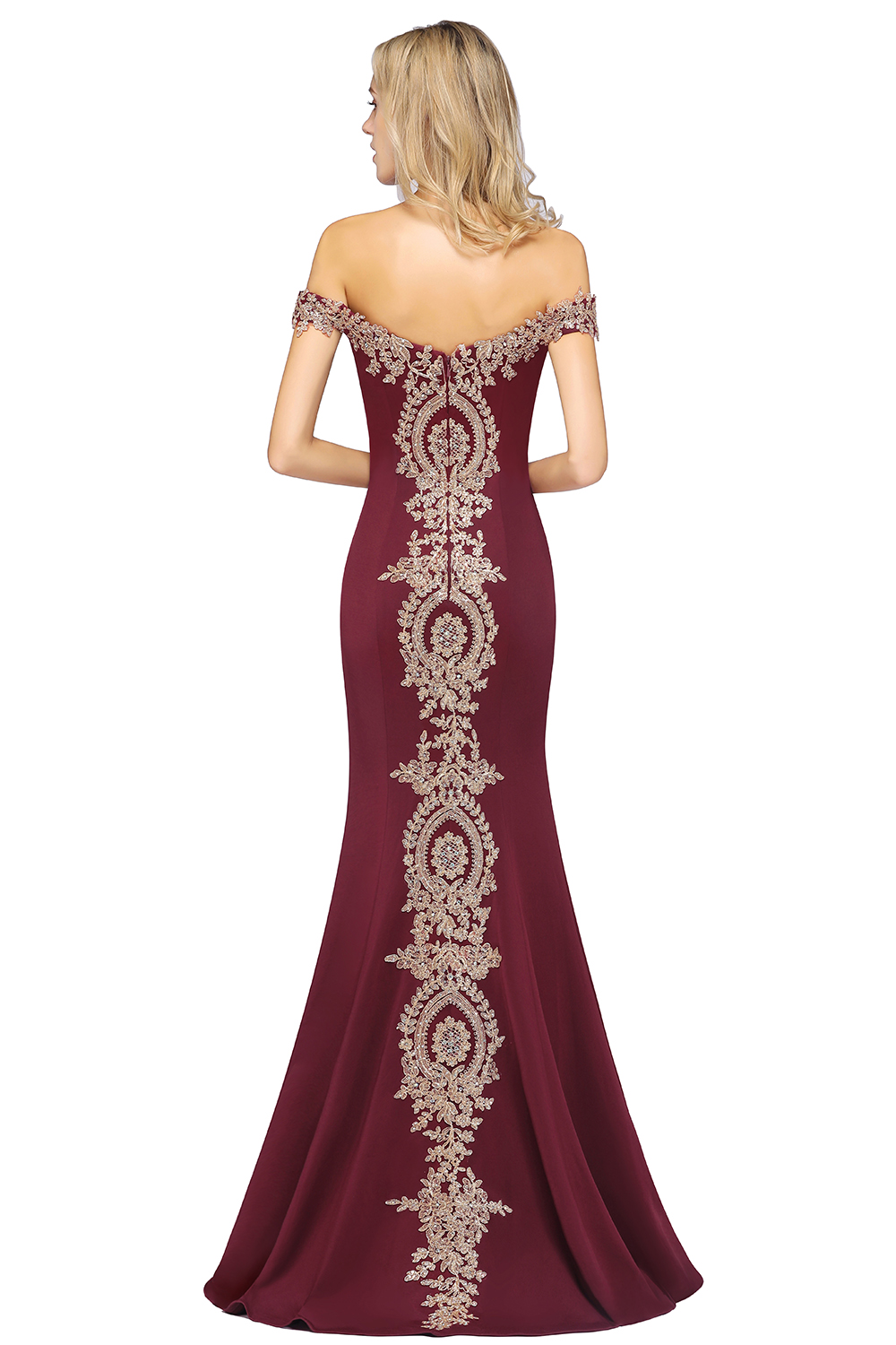 Off-the-shoulder Burgundy Evening Dress with Gold Lace Appliques Floor Length Formal Dress-newarrivaldress