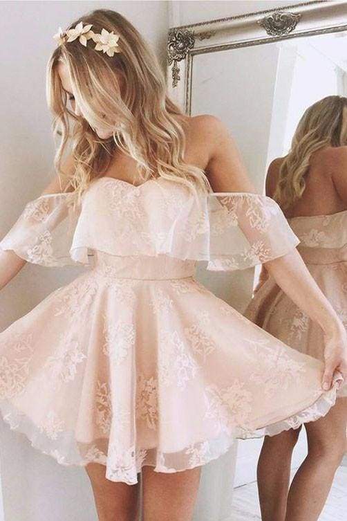 A-Line Lace Off-Shoulder Short Prom Dresses Pearl Pink Homecoming Dress-newarrivaldress