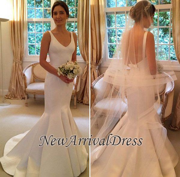 Open Back Elegant V-Neck Sleeveless Mermaid Wedding Dresses-newarrivaldress