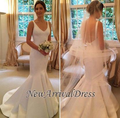 Open Back Elegant V-Neck Sleeveless Mermaid Wedding Dresses-newarrivaldress
