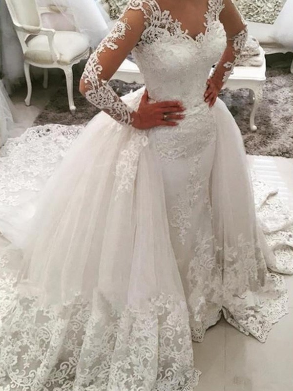 Gorgeous Long Sleeves Lace White Mermaid Bridal Gown with Detachable Train-newarrivaldress