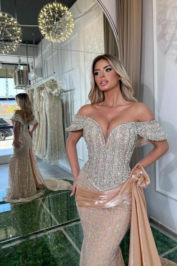 Off-the-Shoulder Glitter Sequins Mermaid Prom Dress with Sweep Train-newarrivaldress