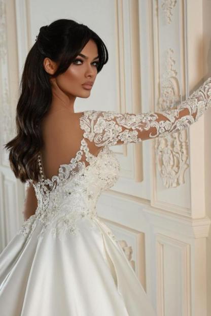 Elegant Satin Aline Wedding Dress with Long Sleeves Floral Lace Princess Bridal Dress-newarrivaldress
