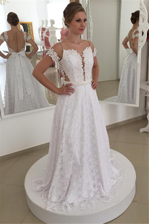 Short Sleeves See Through Lace Wedding Dresses | Bowknot Sexy Bridal Gowns-newarrivaldress