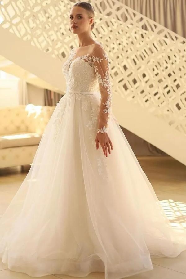 Scoop Neck White Aline Wedding Dresses with Sleeves Simple Tulle Lace Bridal Dress-newarrivaldress