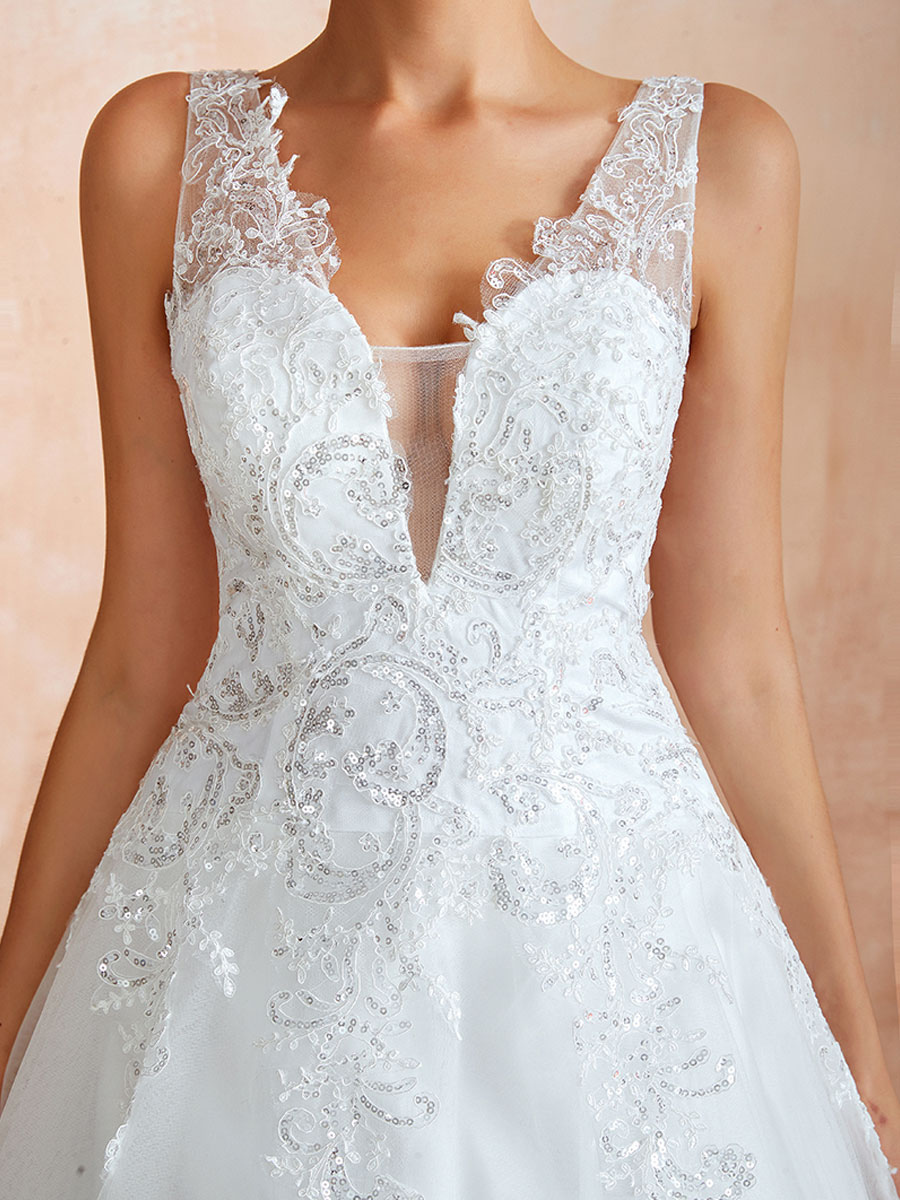 Wedding Dress 2021 V Neck Princess Sleeveless Floor Length Tulle Bridal Gown With Train-newarrivaldress