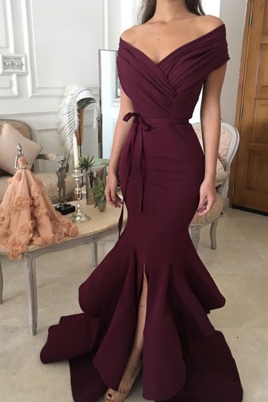 Sexy Burgundy Mermaid Prom Dresses Off-the-Shoulder Side Slit Evening Dresses-newarrivaldress