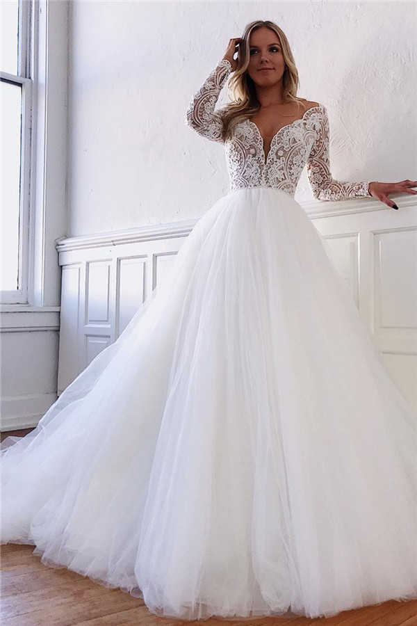 Long Sleeve Wedding Dresses Elegant | Vintage Fluffy Tulle Lace Bridal Gowns-newarrivaldress