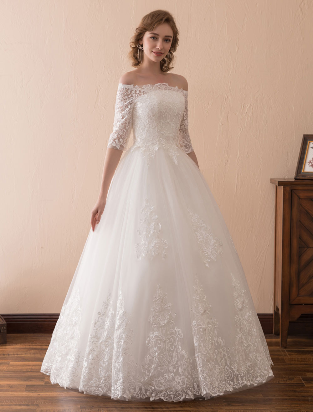 Wedding Dresses Princess Lace Off The Shoulder Bridal Gown Half Sleeve Floor Length Bridal Dress-newarrivaldress