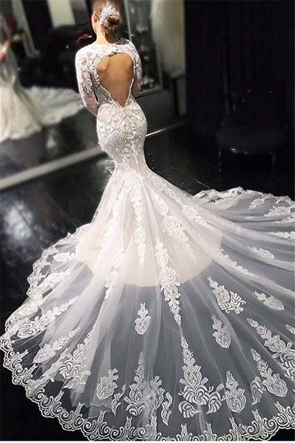 Gorgeous Open Back Mermaid Wedding Dresses | Long Sleeve Lace Bridal Gowns with Court Train-newarrivaldress