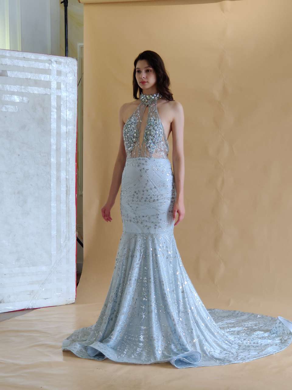Sexy Beads Sequins Mermaid Prom Dresses Halter Sleeveless Floor Length Party Dress-newarrivaldress