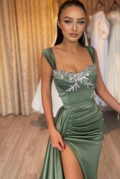 Dark Green Ruched Satin Mermaid Prom Dress Side Slit Floral Lace Formal Dress with Straps-newarrivaldress