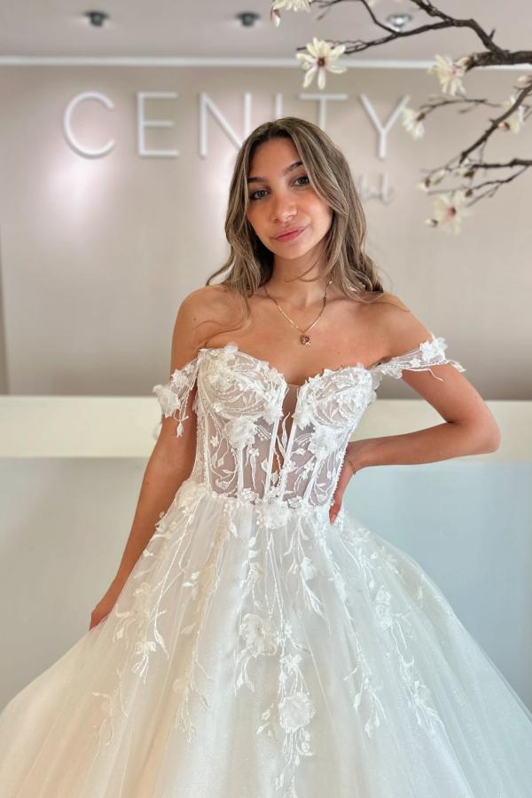 Chic Floral Lace Aline Wedding Dress Off-the-Shoulder Tulle Appliques Bridal Dress-newarrivaldress