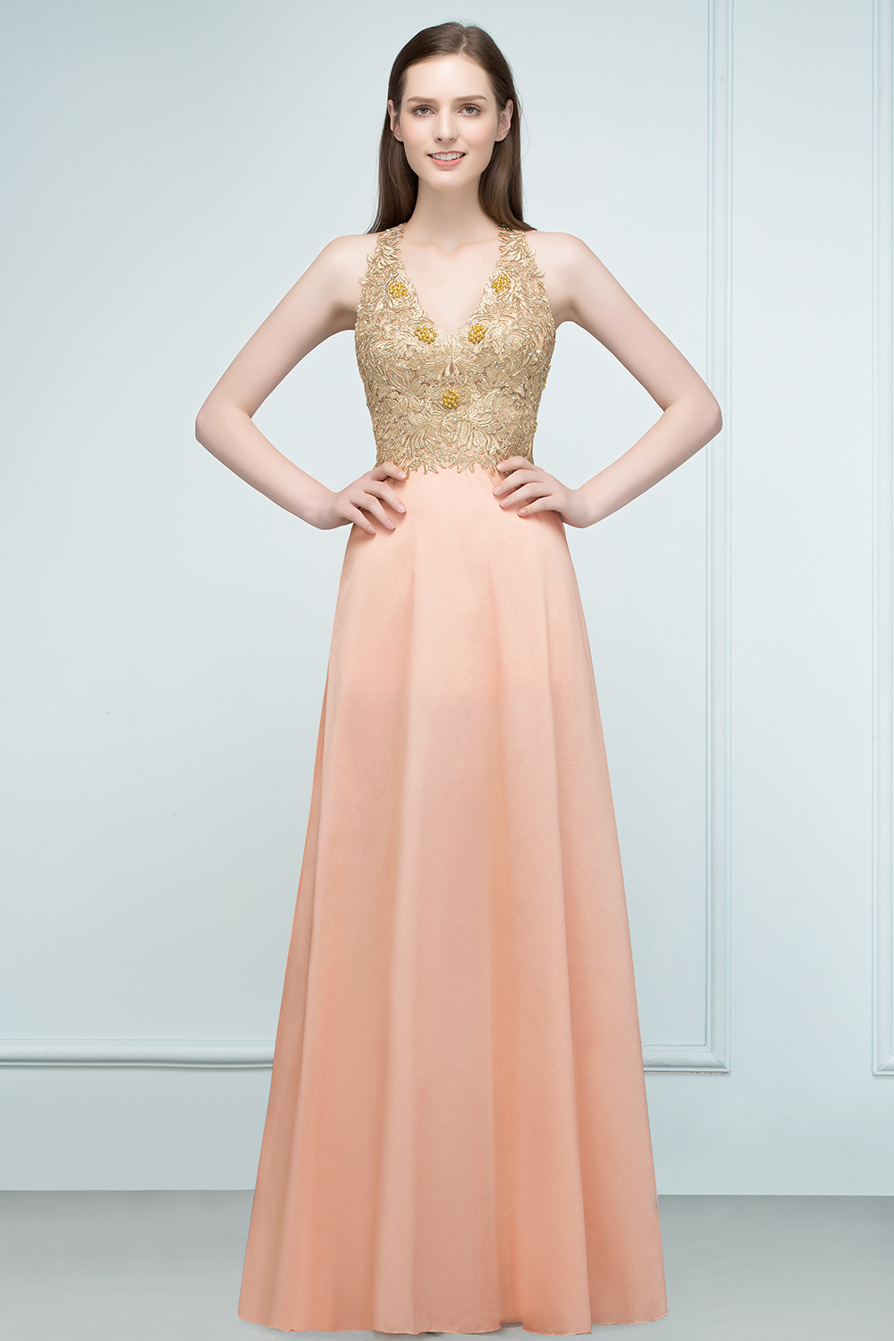 RENA | A-line Floor Length Spaghetti V-neck Appliqued Chiffon Bridesmaid Dresses-newarrivaldress