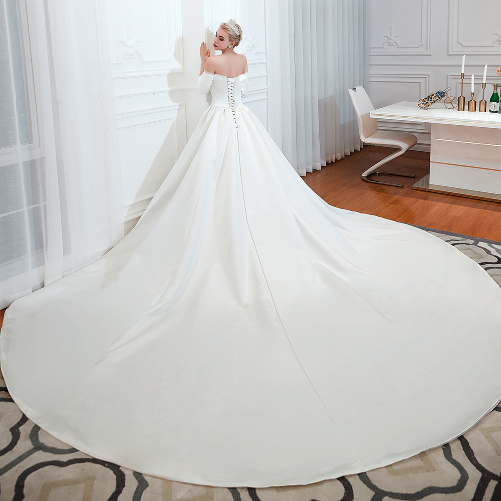 Amazing Off Shoulder Satin Wedding Dress Aline with Sleeves-newarrivaldress