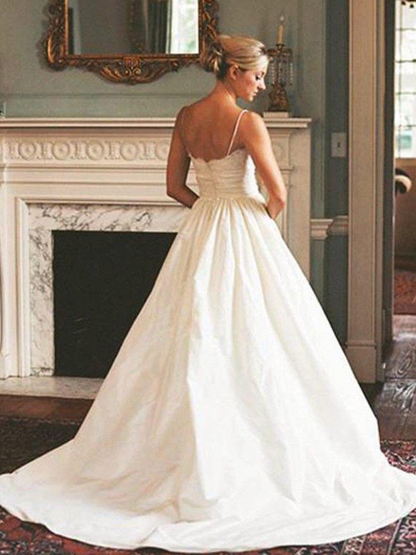 Sweep Train Ruched A-Line Satin Bridal Gowns | Sexy V-neck Sleeveless Wedding Dresses-newarrivaldress