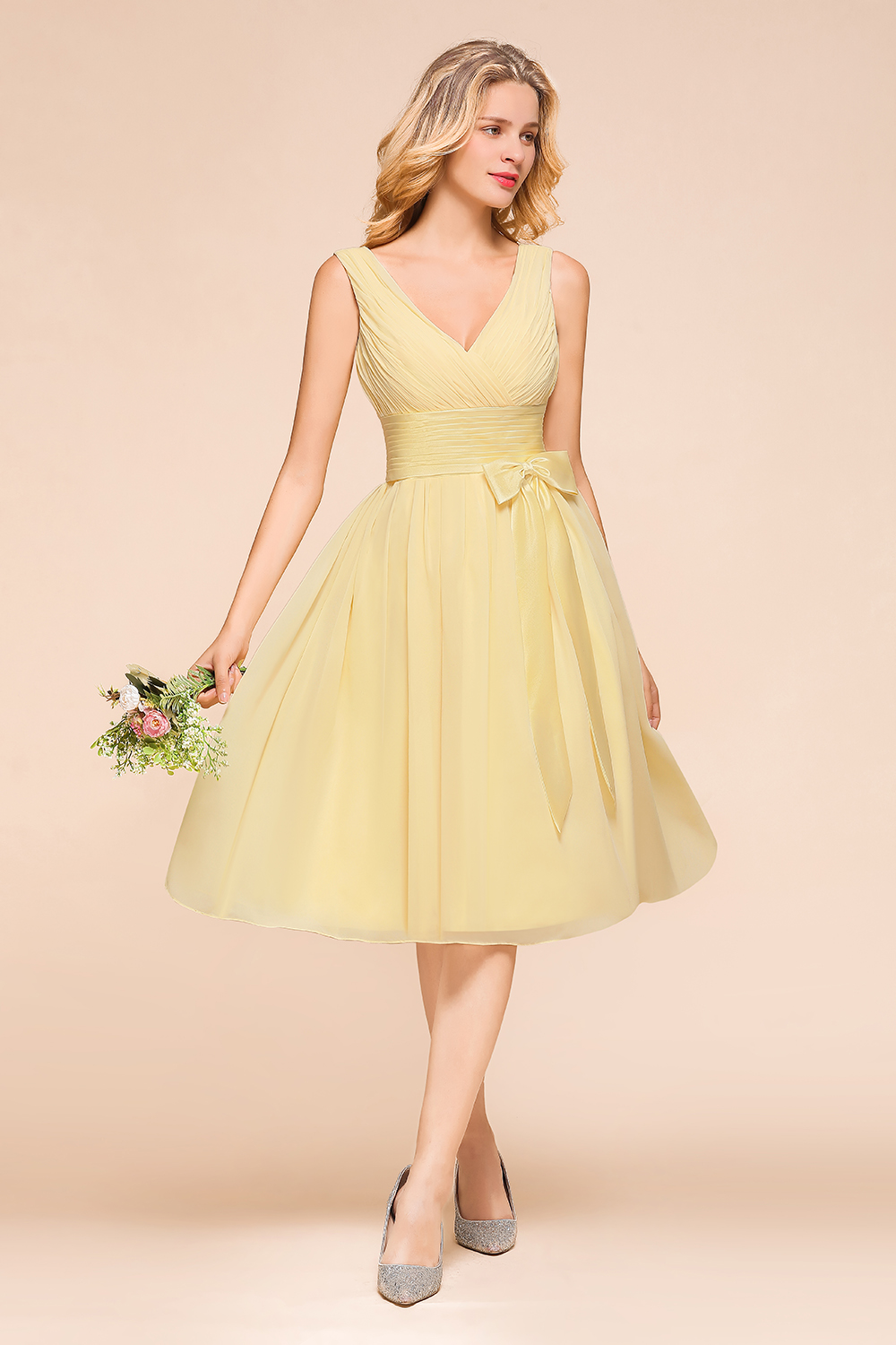 Elegant Daffodil Ruffle Chiffon Short Bridesmaid Dress Sleeveless Aline Tea Length Formal Dress-newarrivaldress