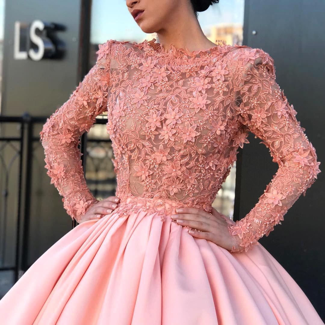 Long Sleeve Ball Gown Pink Prom Dress | Appliques Pink Evening Gowns-newarrivaldress