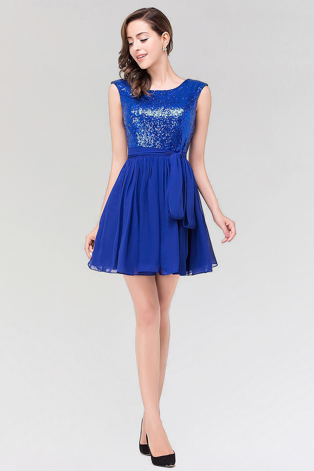 A-line Chiffon Square Sleeveless Bow Ruffles Mini Bridesmaid Dress with Sequins-newarrivaldress