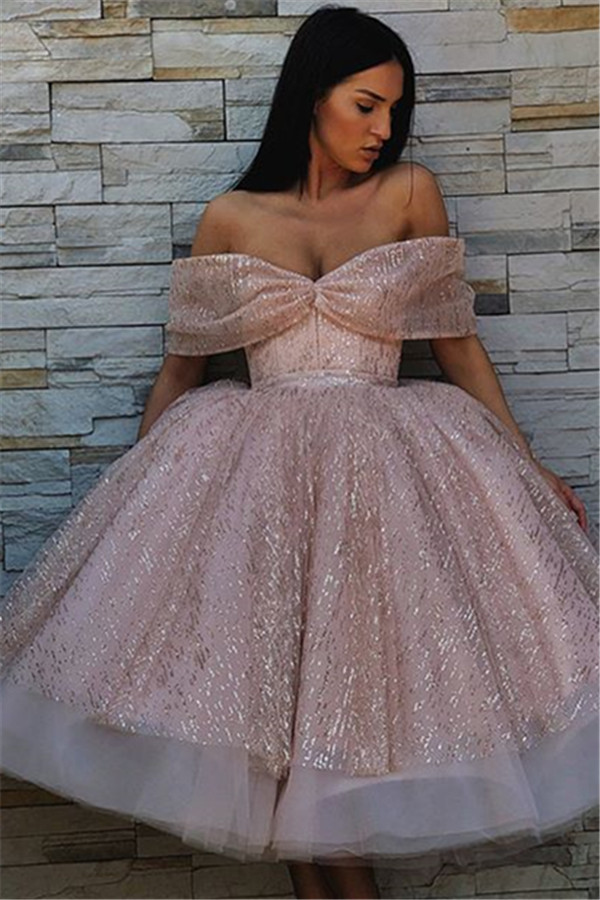 Charming Off-the-Shoulder Ball Gown Tulle Tea-Length Prom Dresses-newarrivaldress