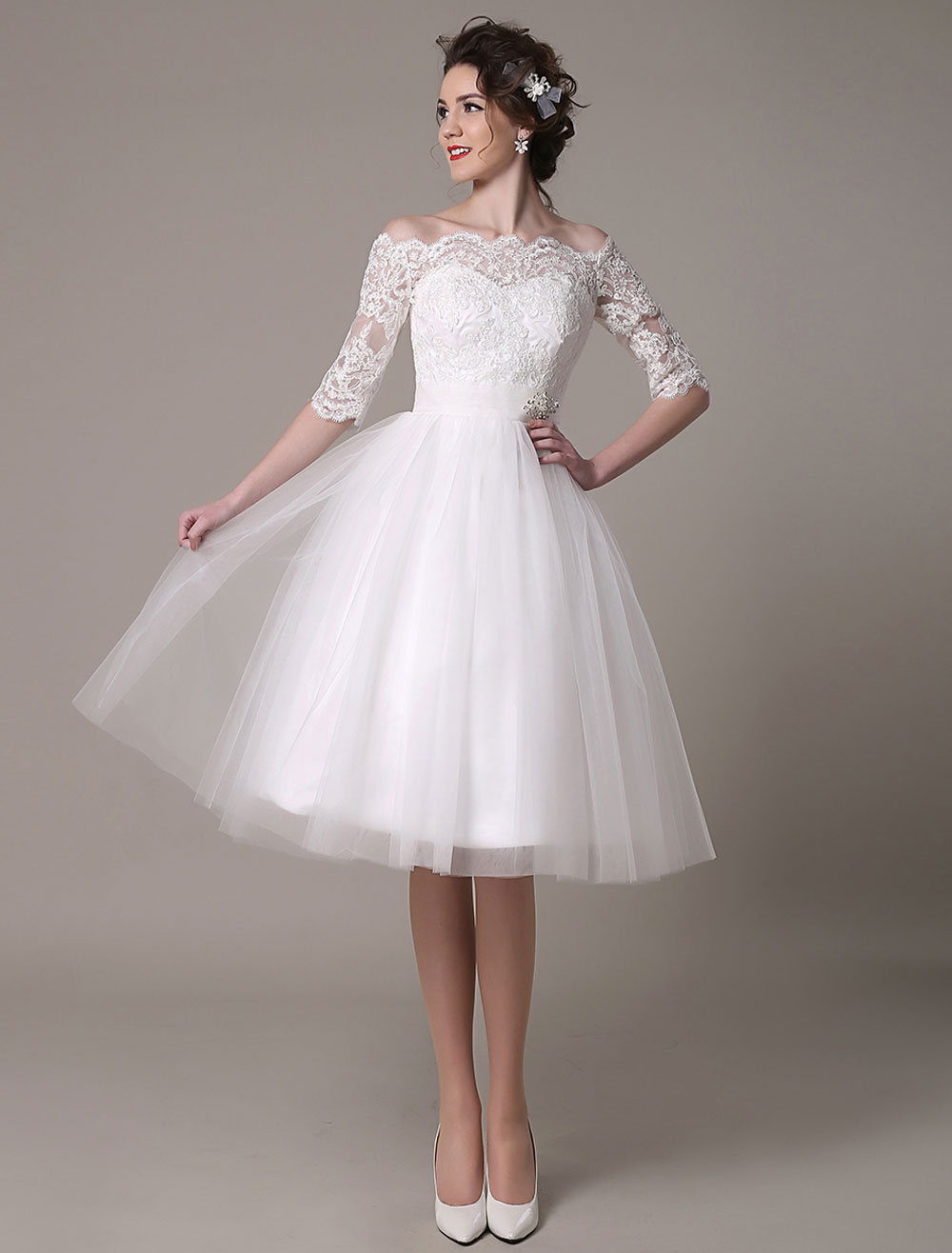 Lace Wedding Dresses 2021 Short Off The Shoulder A Line Knee Length Waist Rhinestone Bridal Dress Exclusive-newarrivaldress