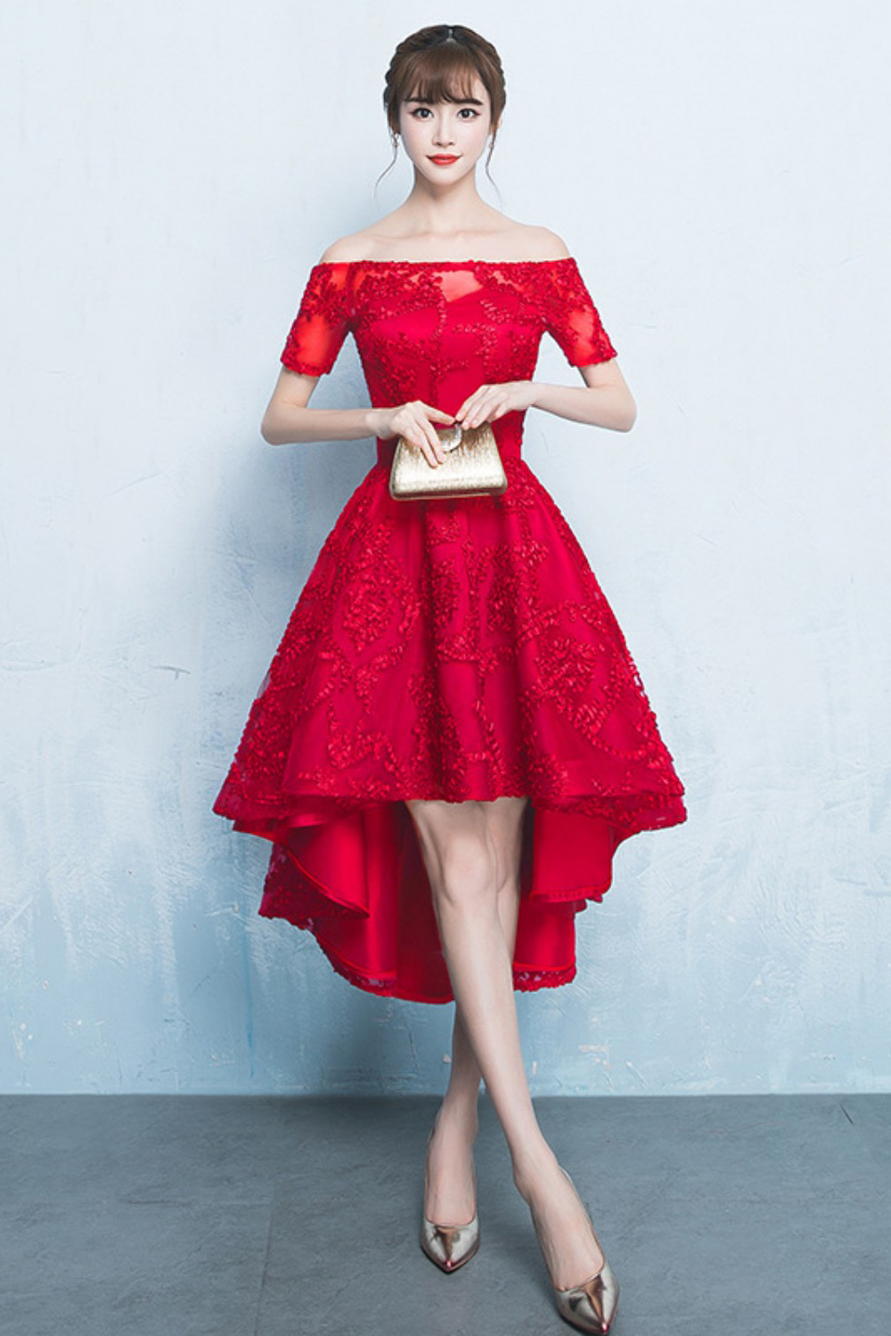 A-line Hi-lo Off-the-shoulder Short Sleeves Appliques Homecoming/Cocktail Dresses-newarrivaldress