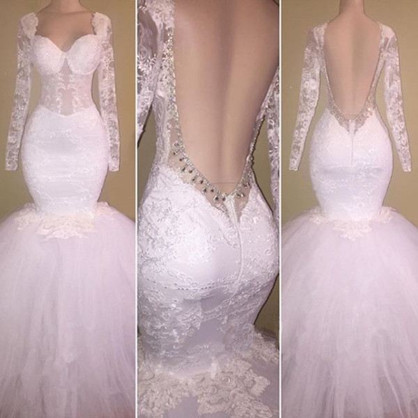 Long Sleeve White Lace Mermaid Beads Prom Dresses | Prom Dresses-newarrivaldress