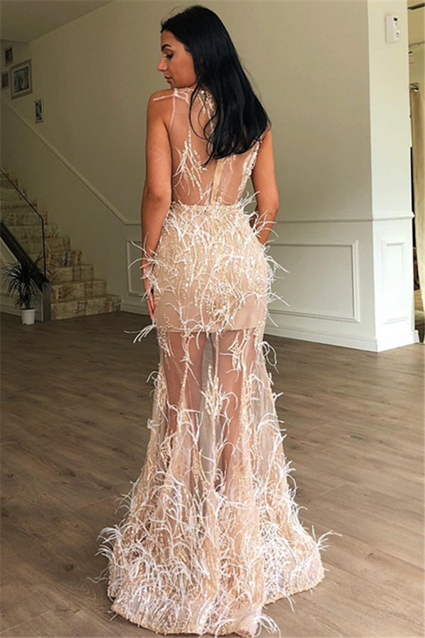Elegant A-Line Sleeveless Sheer Tulle Feather Prom Dresses-newarrivaldress