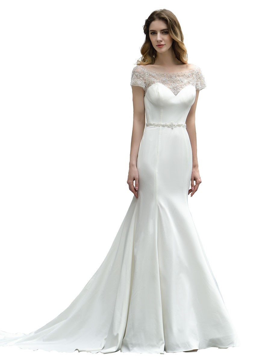 Wedding Dress Short Sleeves Illusion Neck Beaded Mermaid Bridal Gowns-newarrivaldress
