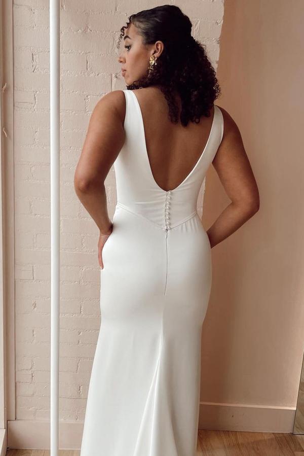 Sleeveless White Satin Simple Mermaid Wedding Dress with Side Slit-newarrivaldress