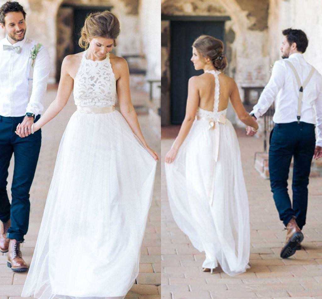 Floor Length A-Line Halter Tulle Sleeveless Wedding Dresses Online