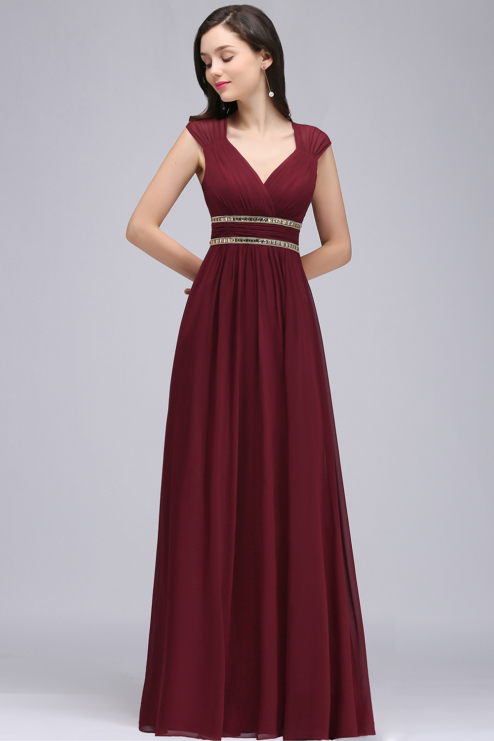 ALISON | Sheath V Neck Burgundy Chiffon Long Evening Dresses With Beads