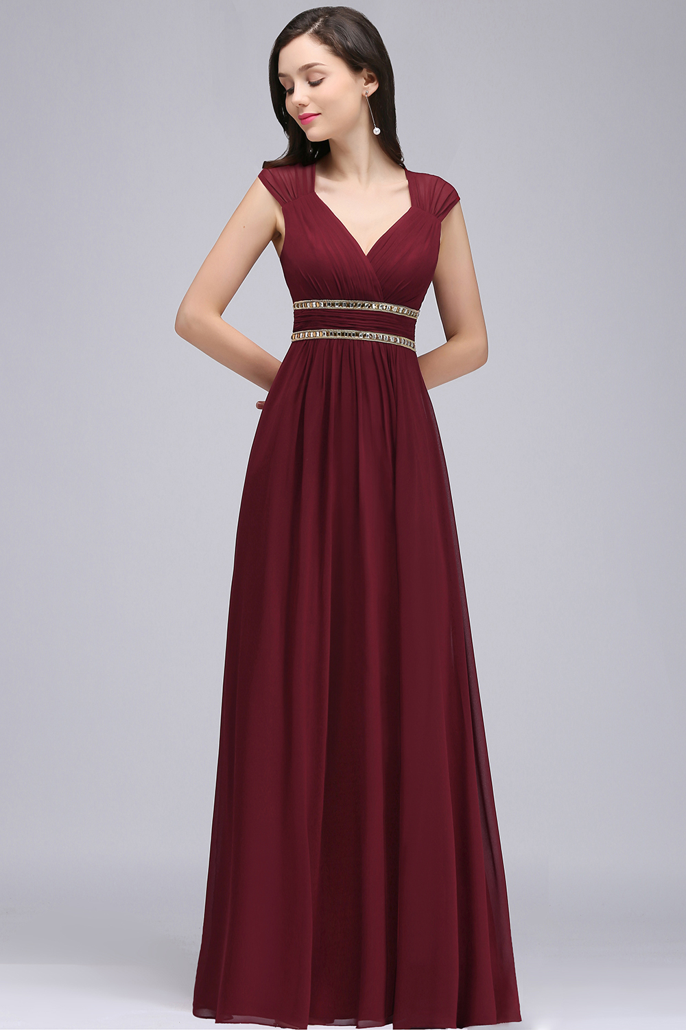 ALISON | Sheath V Neck Burgundy Chiffon Long Evening Dresses With Beads