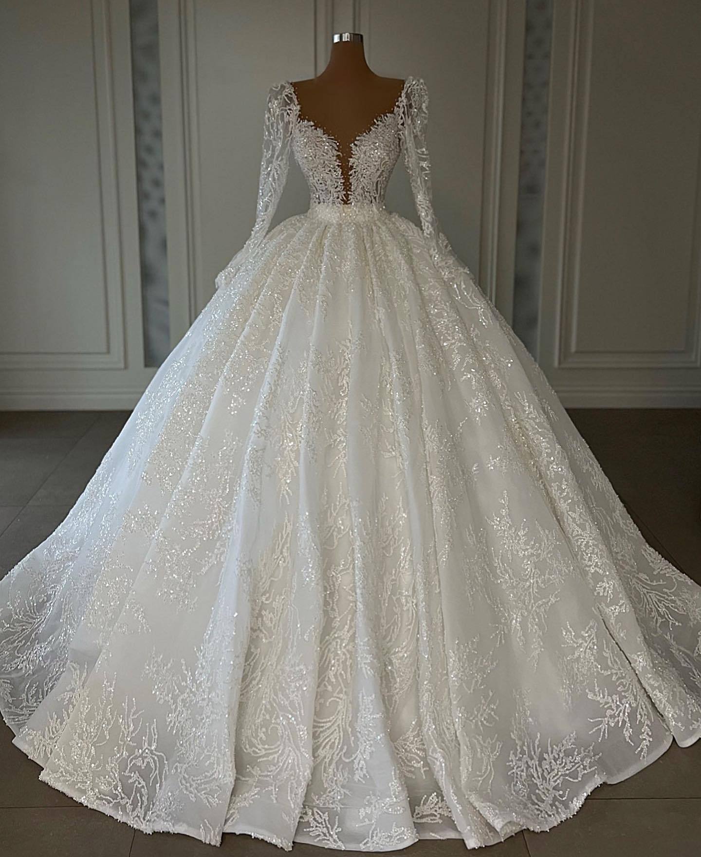 Exquisite V-Neck Glitter Ball Gown with Sleeves Lace Appliques Bridal Dresses-newarrivaldress