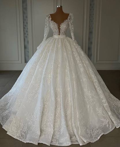 Exquisite V-Neck Glitter Ball Gown with Sleeves Lace Appliques Bridal Dresses-newarrivaldress