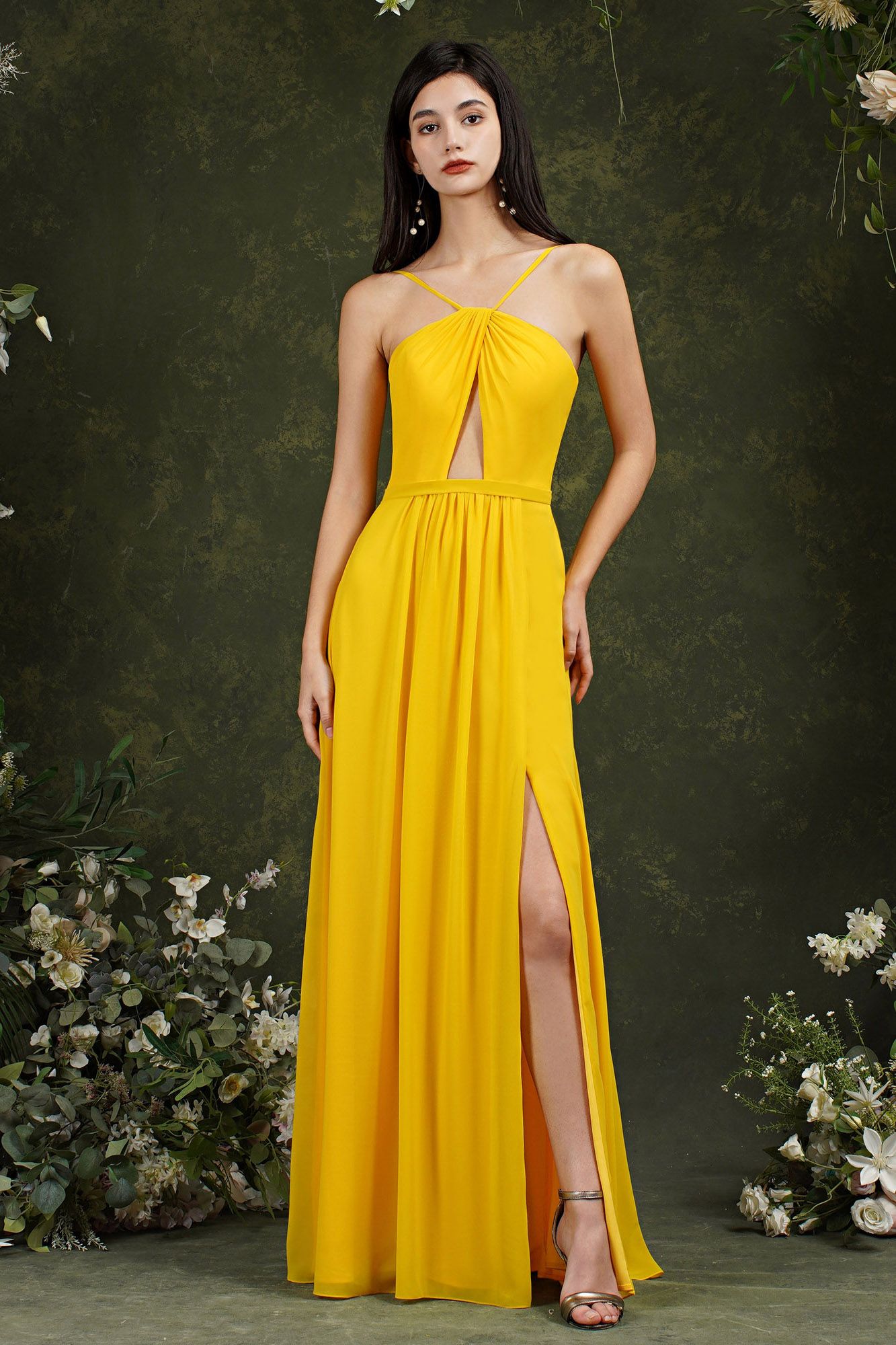 Halter Long Bridesmaid Dress Chiffon Sleeveless Side Split Wedding Party Dress-newarrivaldress