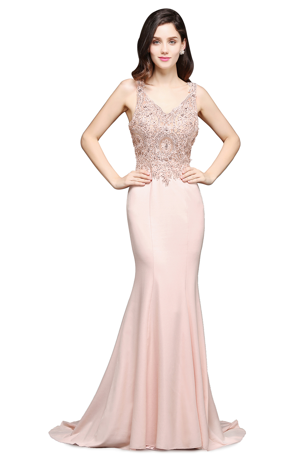 ALLYSON | Mermaid V-Neck Pearl Pink Prom Dresses with Beads-newarrivaldress