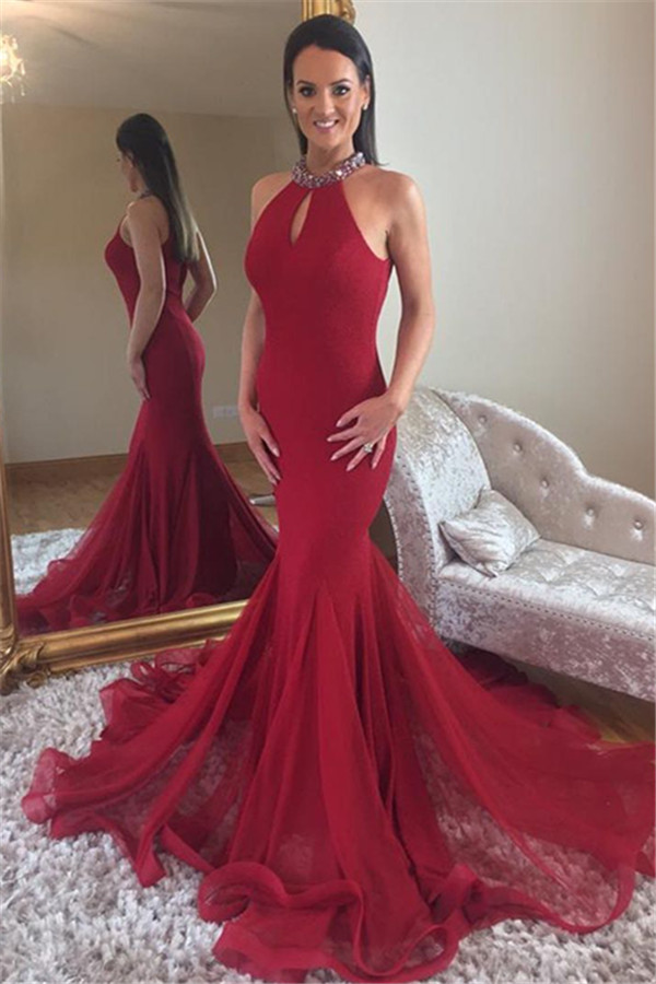 Glamorous Mermaid High Neck Sleeveless Crystal Prom Dresses-newarrivaldress