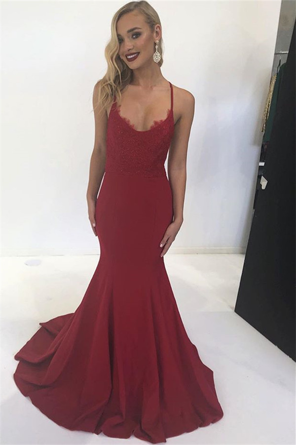 Burgundy Spaghetti-Straps Sleeveless Mermaid Prom Dresses-newarrivaldress