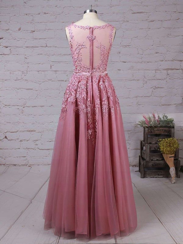 Elegant Crew Tulle A-line Evening Dress with Lace Appliques Floor-Length Formal Dresses-newarrivaldress